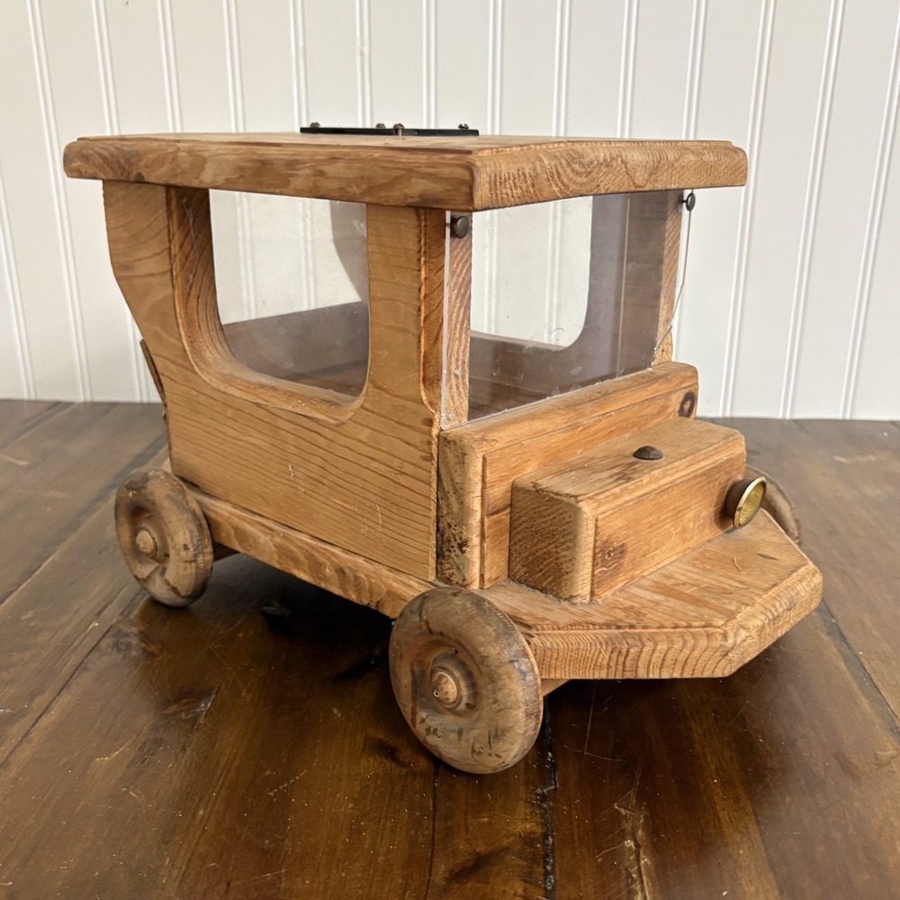 Vintage Handmade Wood Coin Piggy Bank Vehicle Car Windows Rustic Folk Art Money